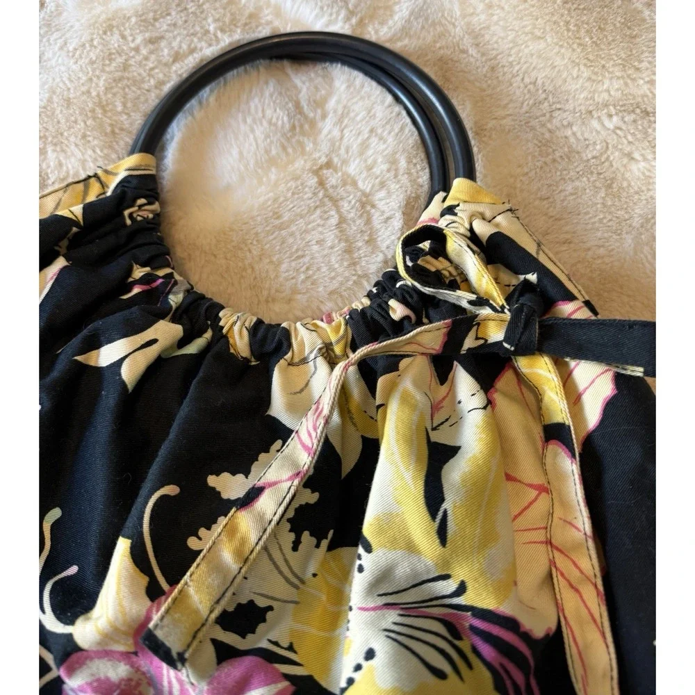 H & M Tropical Floral Fabric Loop Handles Large Bag Purse Bark cloth Style